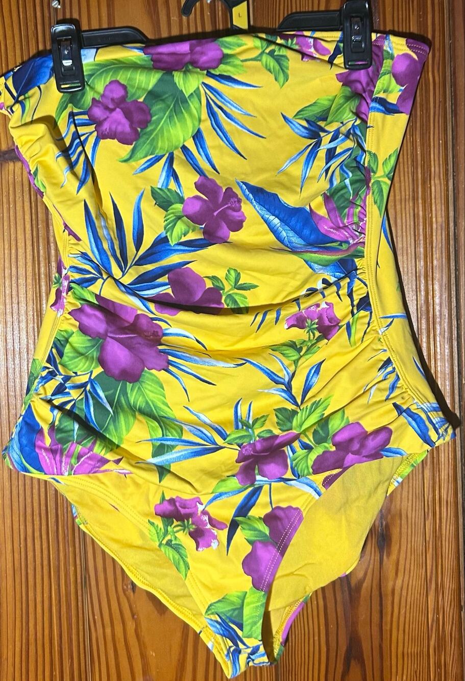 Tommy Bahama Tropical Floral One Piece Swimsuit Vibrant Yellow Strapless Size 16